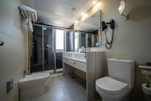 a bathroom with a toilet and a sink and a shower at Pato Amarillo in Punta Umbría