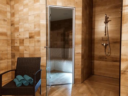 a glass shower door in a bathroom with a chair at Chalupy ABJ a Apartmány ve Stodole ABJ Kraličák in Hynčice pod Sušinou