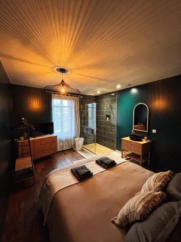 a bedroom with a large bed and a mirror at Maison au cœur de Chauvigny in Chauvigny