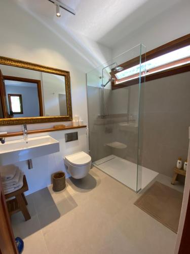 a bathroom with a toilet and a sink and a shower at Can Poeta in Sant Carles de Peralta