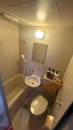 a small bathroom with a toilet and a sink at Osaka Umeda West JR Tsukamoto Inn BB in Osaka