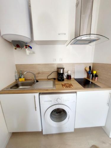 une cuisine avec une machine à laver et un évier dans l'établissement Studio cosy au coeur du centre ville, à Bédarieux