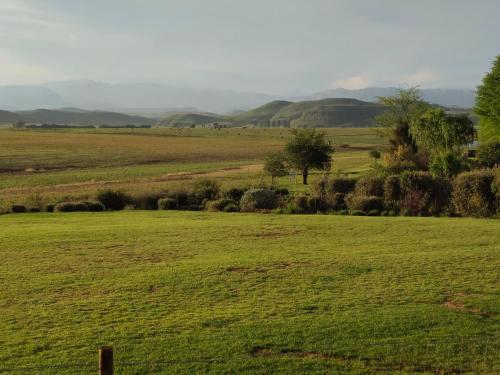 a field of green grass with hills in the background at Sani Pass View Cottage in Himeville