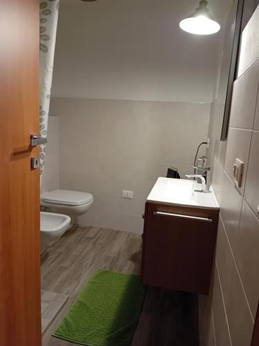 a bathroom with a sink and a toilet with a green rug at B&B Daniela in Darfo