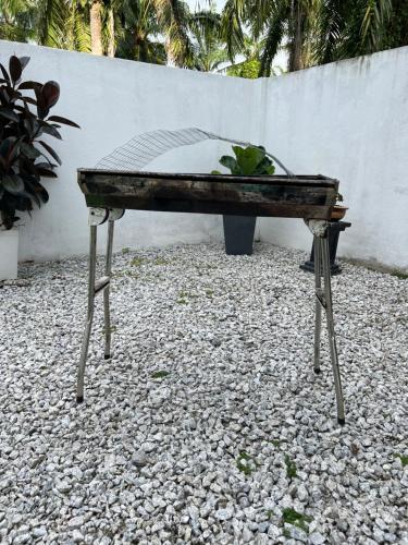 a piano sitting on top of a pile of rocks at MoonLight Sweet Home Kuala Selangor 30pax karaoke in Kuala Selangor