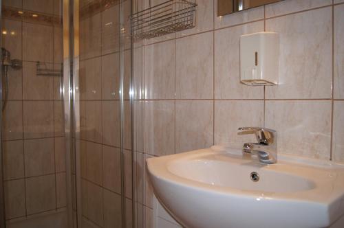 La salle de bains est pourvue d'un lavabo et d'une douche. dans l'établissement Zacisze, à Nakło nad Notecią