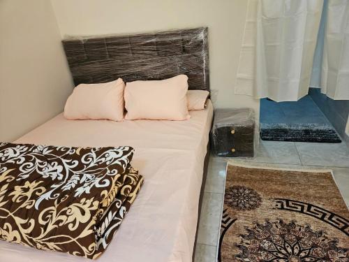 a bed with two pillows on it in a room at The great pyramids view inn in Cairo