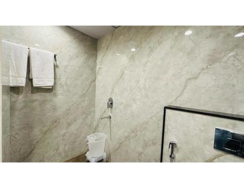 a bathroom with a shower and a toilet at Hotel shree ji inn in Kishangarh