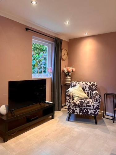 a living room with a tv and a chair at In de aap gelogeerd in Apeldoorn