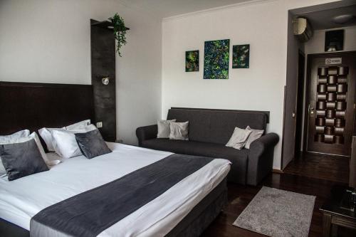 pokój hotelowy z łóżkiem i kanapą w obiekcie Casa Cristina Resort&Spa w mieście Câmpulung