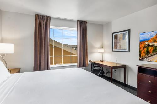 a hotel room with a bed and a desk and a window at Cobblestone Hotel & Suites Denmark - Green Bay in Denmark