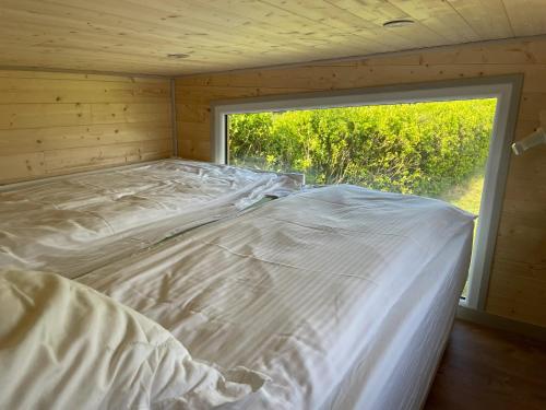 a large bed in a wooden room with a window at Chalet charmant à Sainte-Marie-du-Mont avec terrasse in Sainte-Marie-du-Mont