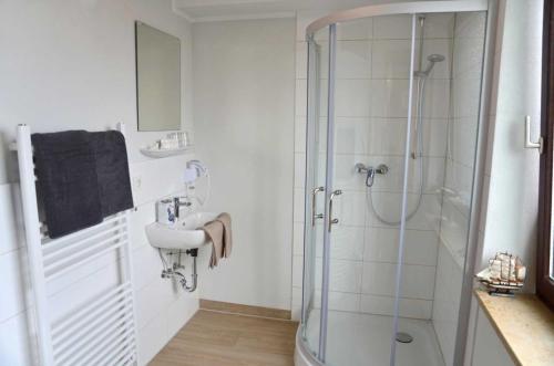 a bathroom with a shower and a sink at Hotel Neptuns Ankerplatz in Cuxhaven