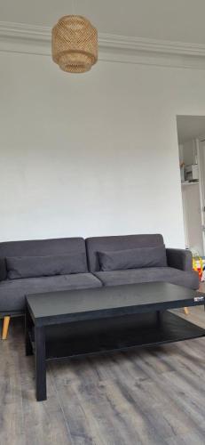 un salon avec un canapé noir et une table dans l'établissement T3 09 Calme et Agréable Parking, à Roubaix
