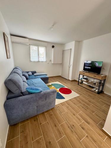 un salon avec un canapé et une télévision dans l'établissement Appartement avec jardin, à Gagny