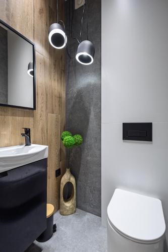 a bathroom with a sink and a toilet and a mirror at Apartamenty Częstochowa pod Jasną Górą Teresy 4-2 parking gratis in Częstochowa