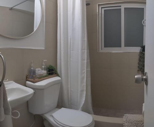 a bathroom with a toilet and a sink and a mirror at Calido Depa, renovado, tranquilo y céntrico in Ciudad Juárez