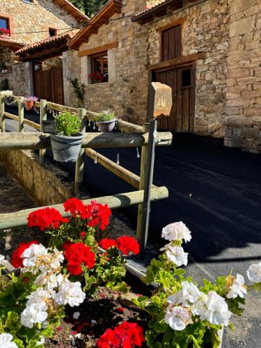 a bunch of red and white flowers in front of a building at El Refugio II de Verdiago in Verdiago
