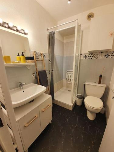 une salle de bain avec toilettes, lavabo et douche dans l'établissement Jardin de Thau, à Balaruc-les-Bains