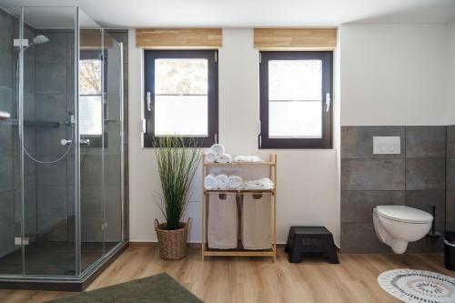 ein Badezimmer mit Dusche und Toilette in der Unterkunft Ferienhaus Ahorn, wunderschöne, neue Wohnungen, ideal für Ausflüge ins Phantasialand, die Städte Köln, Brühl und Bonn oder die Eifel in Weilerswist