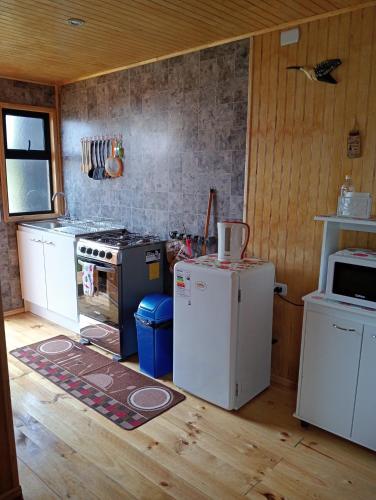a kitchen with a stove and a refrigerator at Cabaña Los Pajaritos dos de Frutillar in Frutillar