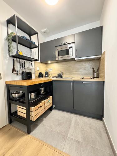 - une cuisine avec des placards gris et un four micro-ondes dans l'établissement Le Petit Mail, Centre de Rennes, à Rennes