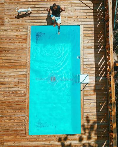 a man standing on the side of a swimming pool at Hotel Libertad in Lares