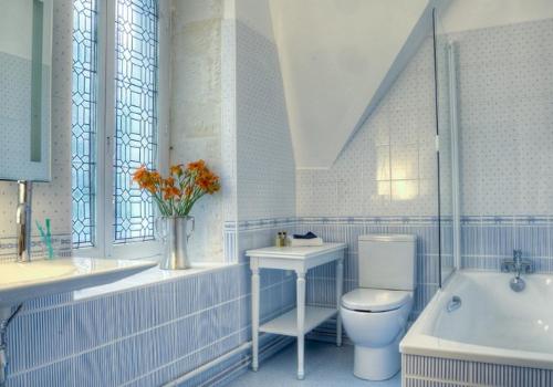uma casa de banho com um WC, uma banheira e um lavatório. em Maison d'hôtes Le Manoir de Contres em Contres