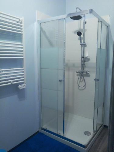une douche avec une porte vitrée dans une salle de bain dans l'établissement Gites les Granites avec balcon, à Gérardmer