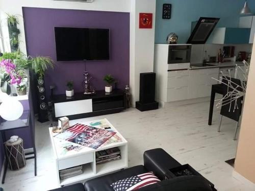 un salon avec un canapé et une télévision dans l'établissement Danton, à Toulon