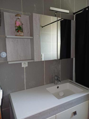 une salle de bain avec un lavabo et un miroir dans l'établissement Villa avec piscine au calme à la campagne, à Foissiat