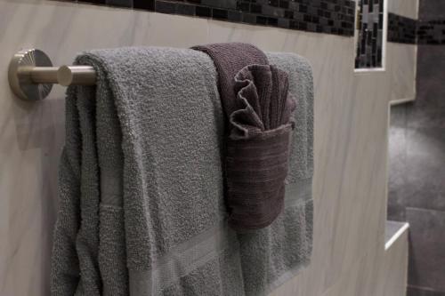 two towels hanging on a towel rack in a bathroom at Couple's getaway studio in San Juan