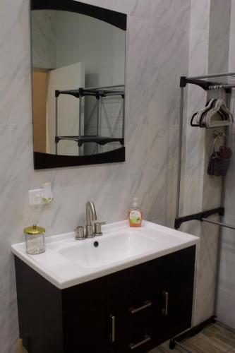 a bathroom with a sink and a mirror at Couple's getaway studio in San Juan