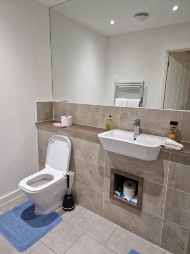 a bathroom with a white toilet and a sink at Stratford Way House in Northfleet