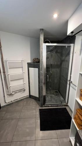 une salle de bain avec une douche avec une porte vitrée dans l'établissement Escapade Cambresienne, à Cambrai