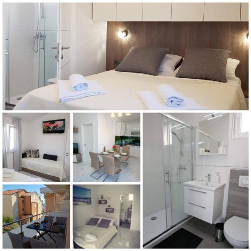 a collage of pictures of a bedroom and a bathroom at Apartments Sun Dance 2 with heated Pool in Novalja
