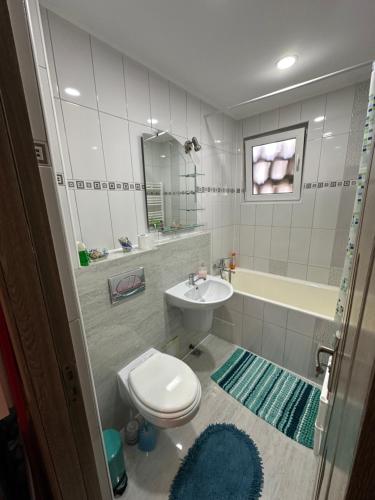 a bathroom with a toilet and a sink and a tub at Straja Braii Apart in Lupeni