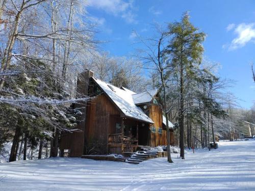 a cabin with snow on the roof in the woods at Rippling Waters close to Timberline ski slopes in Cortland