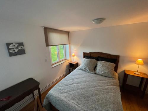 une chambre avec un lit avec deux lampes et une fenêtre dans l'établissement Gite au cœur des pâturages, à Le Pré-dʼAuge