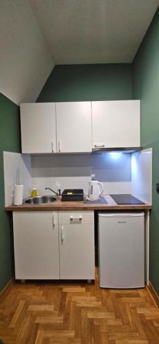 a kitchen with white cabinets and a sink at Aleksei Apartmani in Belgrade