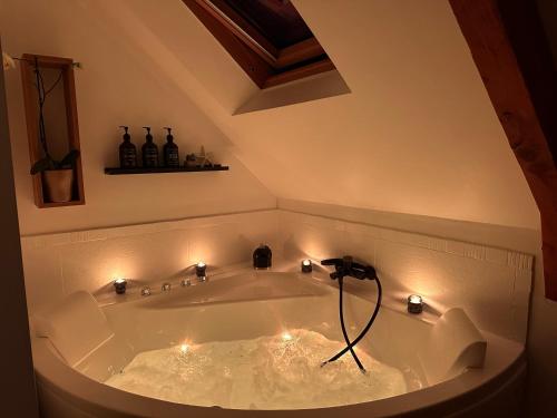 a bath tub with a shower in a bathroom at Les libellules, maison de ville, classé 4 étoiles avec baignoire spa à Dinan Lanvallay in Lanvallay