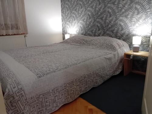 Un dormitorio con una cama con una pared estampada. en Dimitra Stan na dan, en Šabac