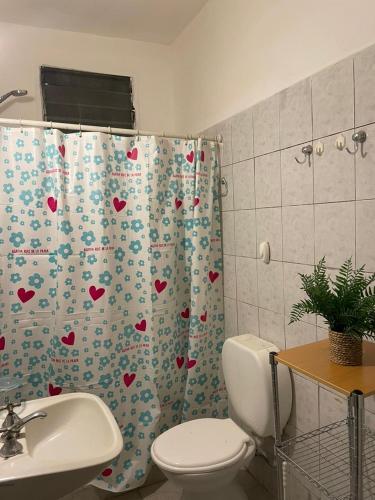 a bathroom with a shower curtain with hearts on it at Los Nogales I in Neuquén