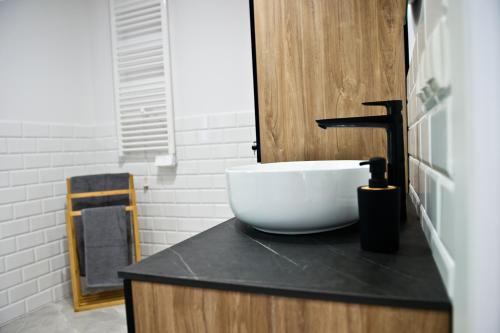 a bathroom with a bowl sink on a counter at Osada Hipodrom in Łąck