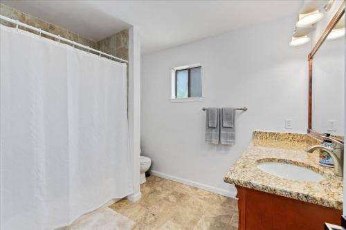 a bathroom with a shower and a sink and a toilet at Super Comfy Home with Hot Tub! in Round Rock