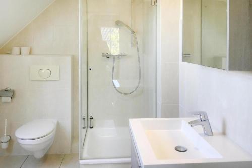 un bagno con doccia, WC e lavandino di Apartment im Van der Valk Resort Linstow a Dobbin-Linstow