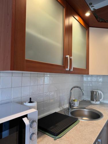 a kitchen counter with a sink and a mirror at Twins Osijek - private parking in Osijek