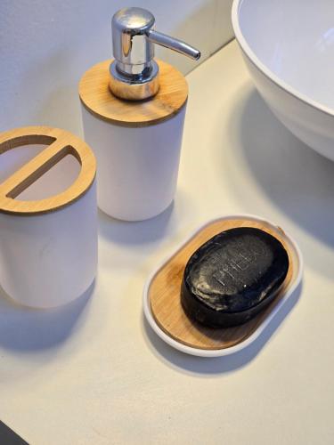 a rock sitting on a plate next to a sink at apartment cool & seafront Arpoador in Rio de Janeiro