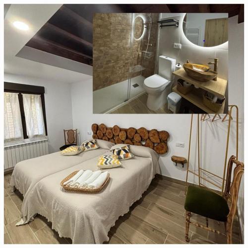 a bedroom with a bed and a bathroom with a toilet at Casa Rural CEPA ALTA DEL HOCILLO in Zamora