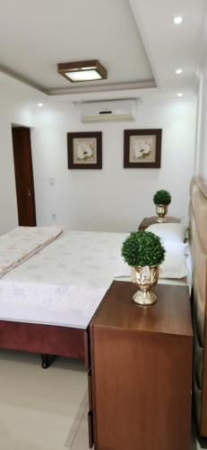 a room with two beds and a table with two plants at Pousada Araúna Angra in Angra dos Reis